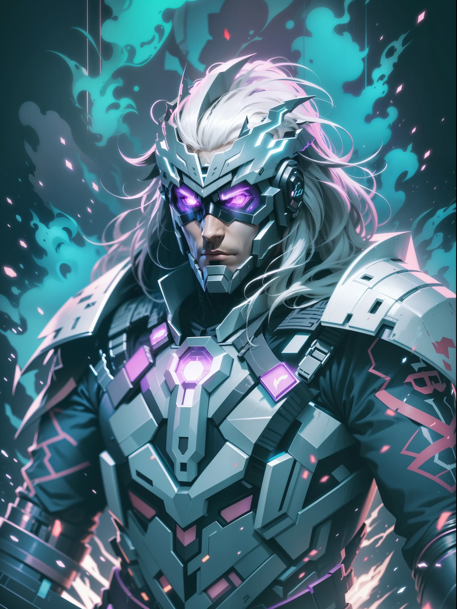 graphic design t-shirt, flat design, futuristic cyberpunk arthas in mix of tones, topless,, topless, flashing , big , metal skin, laser beams, purple emissive eyes, colorful tones, clean highly detailed, vector image, smoke explosion, simple background, flat white background, bright vector ((white background) )