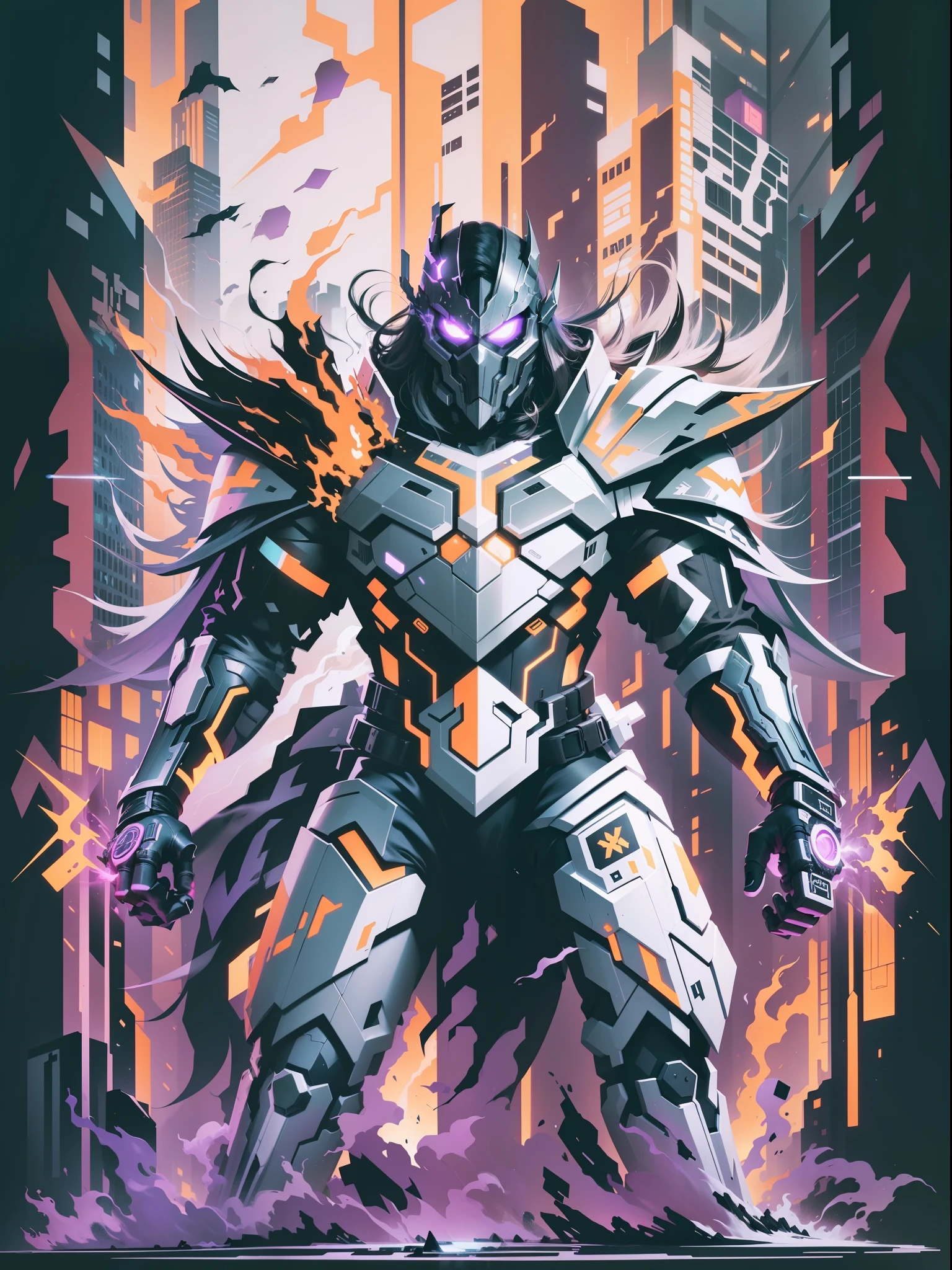 graphic design t-shirt, flat design, futuristic cyberpunk arthas in mix of tones, topless,, topless, flashing , big , metal skin, laser beams, purple emissive eyes, colorful tones, clean highly detailed, vector image, smoke explosion, simple background, flat white background, bright vector ((white background) )