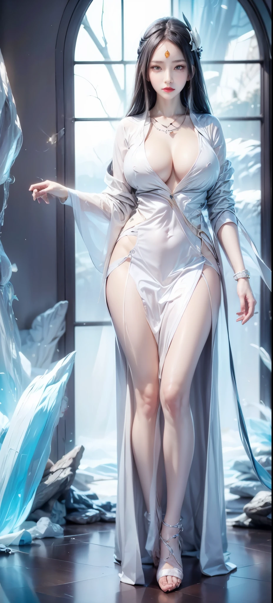 realistic, 1 women, best quality, 12k, HD, long hair, big round breasts, cleavage, ponytail, necklace, jewelry, shorts, short jacket, slim hips, hair tie, yellow eyes, black hair, super detailed, Eye details, hair details, person details, mouth details, face details, breast details, clothes details, hair details, pants details, hand details, whole body