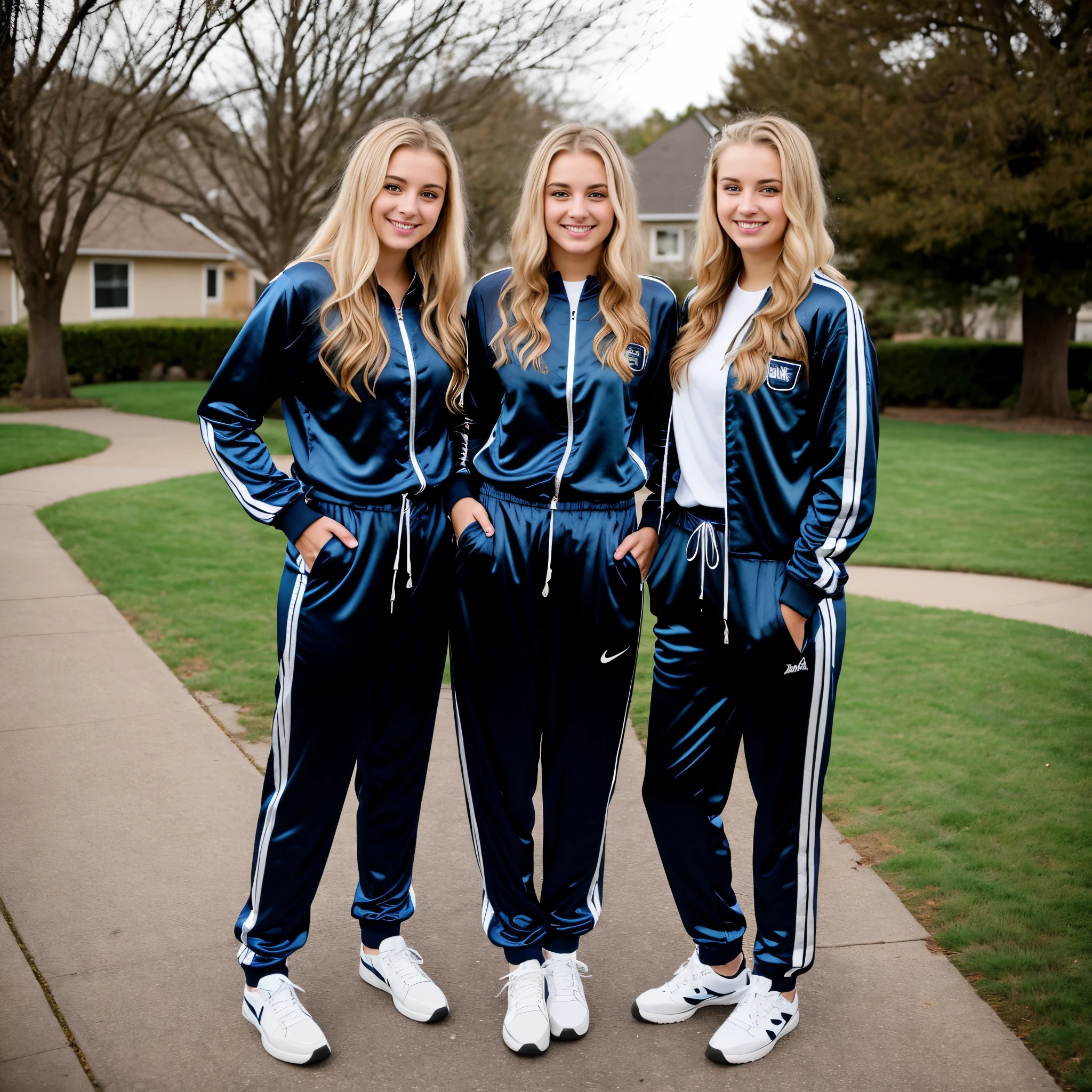 two beautiful young 21 year old women, hands on hips, beautiful eyes, pretty face, detailed eyes, perfect eyes, (long blonde hair, mix of hair styles), (mix of hair colors), (navy blue shiny satin tracksuits with stripes), smiling, looking into camera, low light, neighborhood yard in background