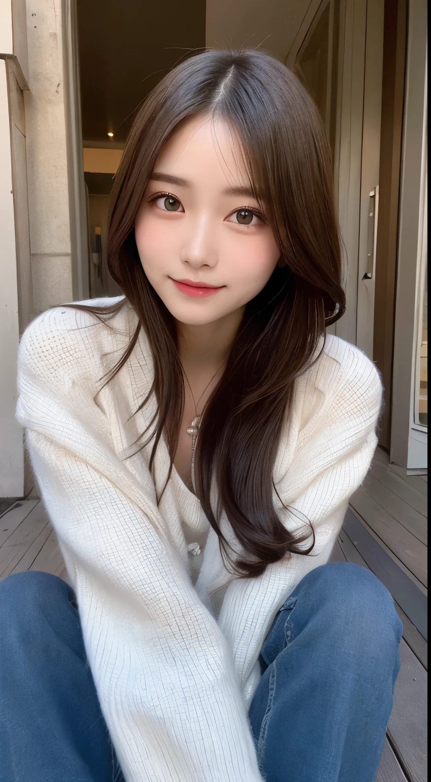 table top, highest quality, shape, Super detailed, finely, High resolution, 8k wallpaper, 完璧なダイナミックな構shape, beautiful and detailed eyes, Latest trend fashion Tokyo winter clothes,medium hair, small breasts, natural color lip,smile,20 year old girl、midnight、beautiful and detailed face、perfect and beautiful face、slim face and style,spread your arms wide,Big eyes,Take a photo from below the knees at a face angle、small face、beautiful detailed face、perfect and beautiful double eyelids