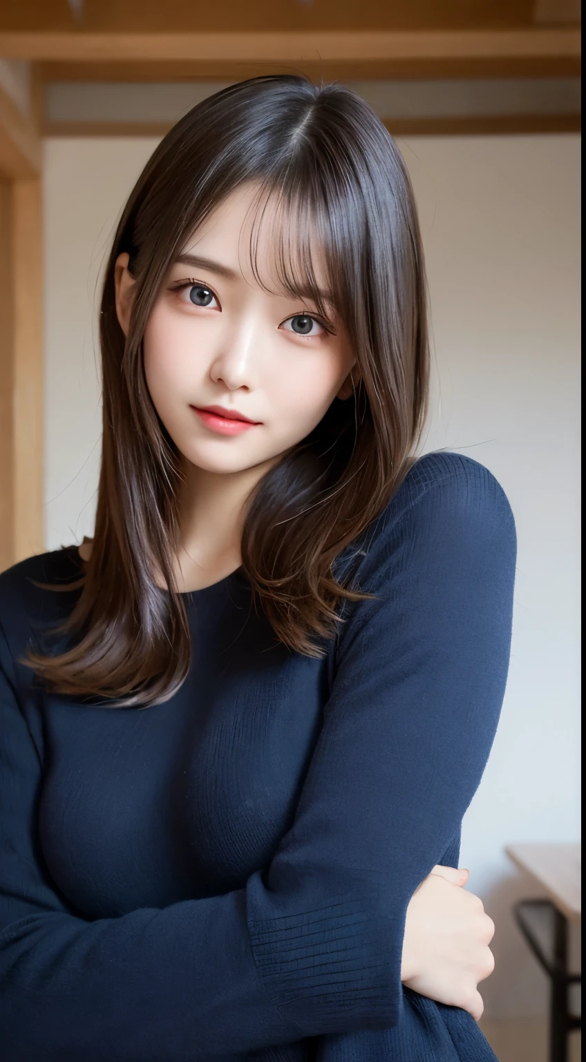 table top, highest quality, shape, Super detailed, finely, High resolution, 8k wallpaper, 完璧なダイナミックな構shape, beautiful and detailed eyes, Latest trend fashion Tokyo winter clothes,medium hair, small breasts, natural color lip,smile,20 year old girl、midnight、beautiful and detailed face、perfect and beautiful face、slim face and style,spread your arms wide,Big eyes,Take a photo from below the knees at a face angle、small face、beautiful detailed face、perfect and beautiful double eyelids