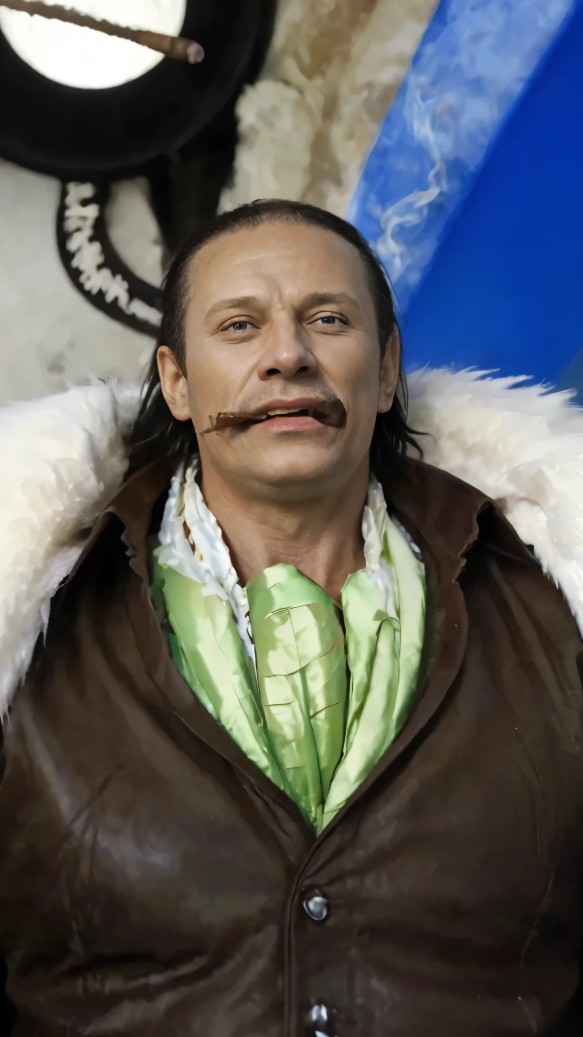 (masterpiece), (realistic), (ultra detailed), ( high reest quality), (photorealistic), (perfect face), (perfect anatomy), (((Russian people))), (((40 years old))), (((muscular))), (((solo))), crocodile from one piece, cricodile, (((character bites a cigar)))