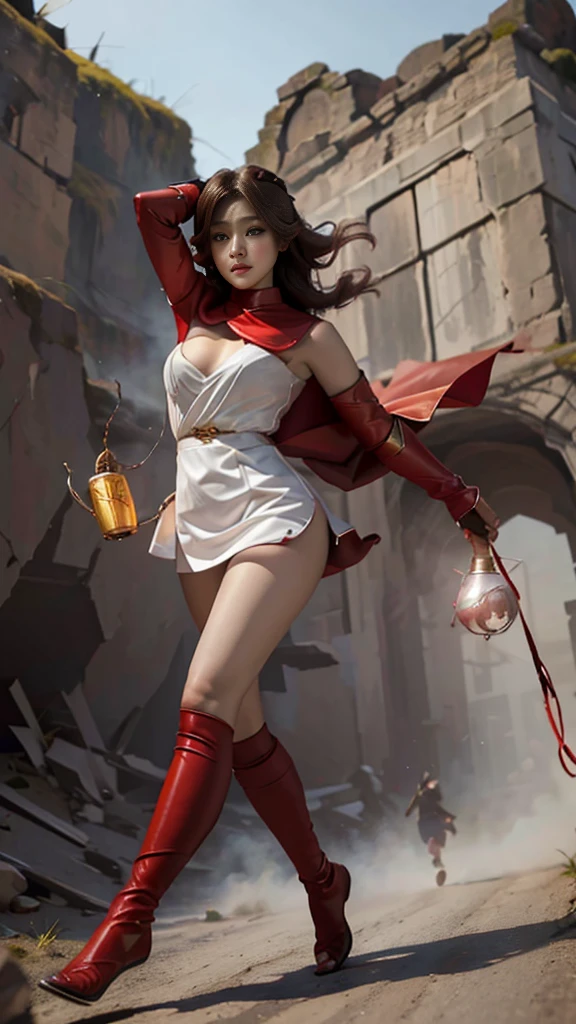 Woman in red silver dress, ((run)), Escape the monsters, Immersive art station, ศิลปะFantasyที่มีรายละเอียด, Amazing character art, Excellent and neat character art, beautiful armor, very detailed, red armor girl, Exquisite headdresses and ornaments, (best quality, 10, Masterpiece :1.3), (realistic, ภาพrealistic: 1.37), (1 girl), (Beautiful women between the ages of 18-20), (thin), (Focus on the slender abdomen.. :1.3), (Korea), (Pastel colored leather dress, Long red leather cloak, Long red leather cloak, Show your arms and shoulders., white leather skirt, short leather skirt, Emphasize her legs., High groove,), (รองเท้าHeel Height), (Random pose), Huge breasts, exposed cleavage, ((dark brown hair, long hair)), exquisite face, Open the show, Fantasy, Slender figure, Very smooth face, Good eyes, Double eyelids, (long hair, Random hairstyles), (big girl :1.3), (outdoor), (Extraordinarily detailed face), (Detailed eyes), (Double eyelids), (Eyeshadow makes eyelashes look thicker.......), obscure, (Long legs, Heel Height), (((Whole body))), (professional lighting), (Photon mapping), (Radiation), red armor girl, silver armor girl, ((magic beem)), (Look directly at the audience.....), cliff scene, mountain, cave mouth, stone, Dungeon