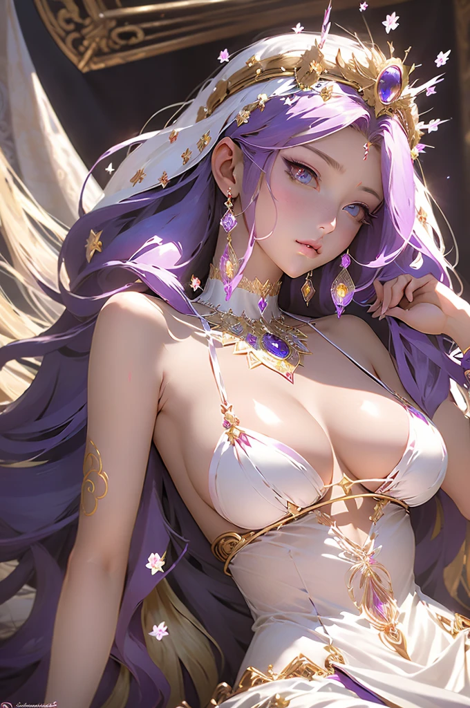anime - style image of a woman in a white dress with purple hair, anime goddess, ((a beautiful fantasy empress)), lady palutena, portrait knights of zodiac girl, a beautiful fantasy empress, anime princess, cute anime waifu in a nice dress, portrait of megara, royal elegant pose, the greek goddess aphrotite, masterpiece goddess of sorrow