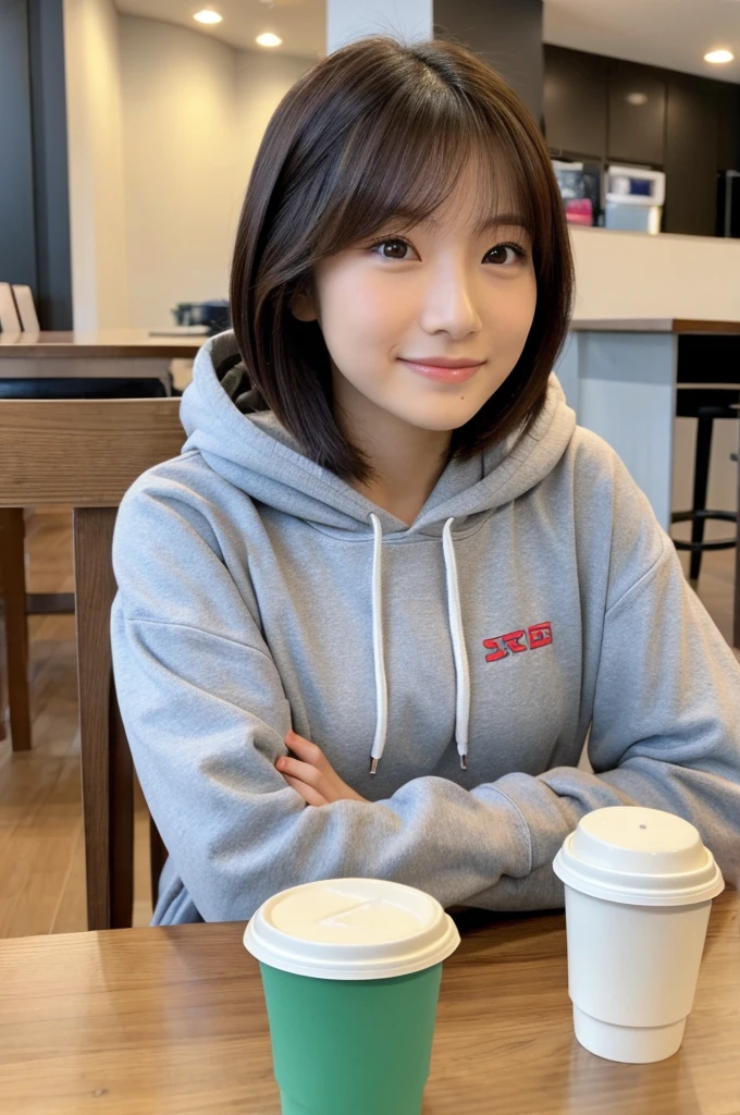 Woman sitting at table drinking coffee、ゴージャスな若いkorean woman、美しいkorean woman、美しい若いkorean woman、gorgeous chinese model、korean woman、beautiful asian girl、short hair、young adorable korean face、wearing a hoodie、8K selfie photo、korean woman、There is a young cute one Asian face