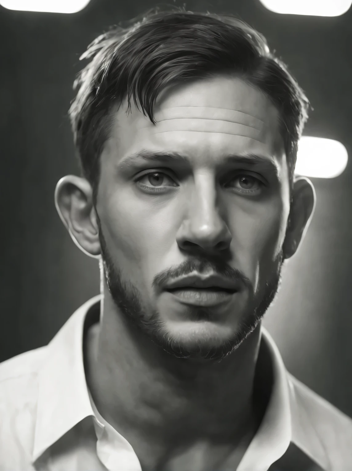 (Black and white photo portrait head close-up)，(20-year-old Tom Hardy hangs a cigarette） ，（Very very clean and smooth skin：1.37），《band of brothers》