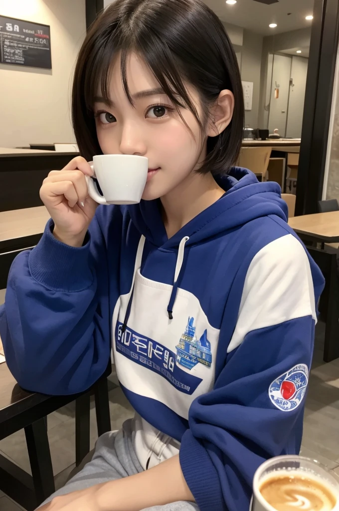 Woman sitting at table drinking coffee、ゴージャスな若いkorean woman、美しいkorean woman、美しい若いkorean woman、gorgeous chinese model、korean woman、beautiful asian girl、short hair、young adorable korean face、wearing a hoodie、8K selfie photo、korean woman、There is a young cute one Asian face