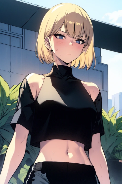 ((masterpiece:1.2, best quality)), 1girl, short hair, blonde hair, upper body, looking at viewer, pants, plants, daytime, korean streetwear, running, exhausted, exhausted expression, sweaty, outside, by the river, casual style, cyberpunk style, (black crop top:1.3), black yoga pants, casual wear, white sneaker, people in background, highly-detailed, perfect face, dynamic pose, 