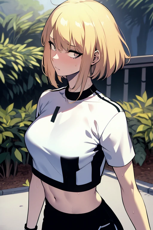 ((masterpiece:1.2, best quality)), 1girl, short hair, blonde hair, upper body, looking at viewer, pants, plants, daytime, korean streetwear, running, exhausted, exhausted expression, sweaty, outside, by the river, casual style, cyberpunk style, (black crop top:1.3), black yoga pants, casual wear, white sneaker, people in background, highly-detailed, perfect face, dynamic pose, 