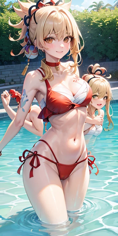 2 girls of the same height smiling in the water in the bathtub,No teeth exposed. Female twins, bright colors,natural lighting, best quality, Chest to chest, hug each other with your arms'waist, sunny masterpiece, Navel exposed, blush, Navel exposed, swimsuit, full, super, Next to each other, The breasts are close to each other, Two slender girls have their breasts squeezed together into a slit