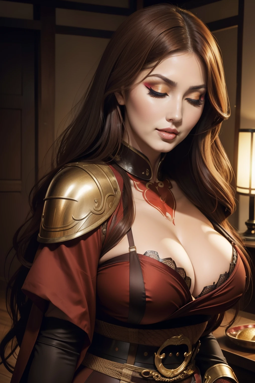 Lucy Pinder, face portrait, ((very intense makeup)), Geisha, sexy woman, voluptuous woman, smiling, Adele, long hair, red hair, brown blouse, belt, brown sleeves, armor, fishnet pantyhose, armor, ((eyes closed)), ((mouth wide open)).