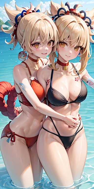 2 girls of the same height smiling in the water in the bathtub,No teeth exposed. Female twins, bright colors,natural lighting, best quality, Chest to chest, hug each other with your arms'waist, sunny masterpiece, Navel exposed, blush, Navel exposed, swimsuit, full, super, Next to each other, The breasts are close to each other, Two slender girls have their breasts squeezed together into a slit