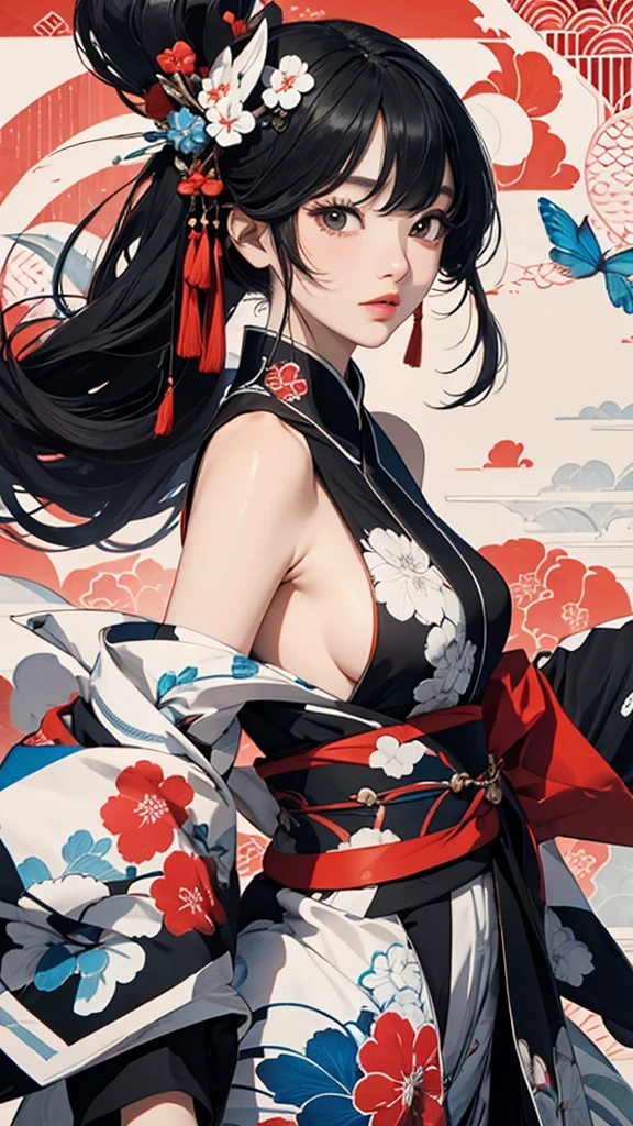((Highly detailed CG unit 8k wallpaper, masterpiece, High resolution, highest quality, highest qualityのリアルテクスチャスキン)), ((very beautiful woman, Nana Komatsu, Posing like a model:1.5, plump lips, Japanese pattern kimono)), (messy black hair, white skin, small breasts), ((and handle background, scrollwork, Sharaku, Colorful background with geometric patterns)), Sumi-e, hyper realistic, digital painting, concept art,