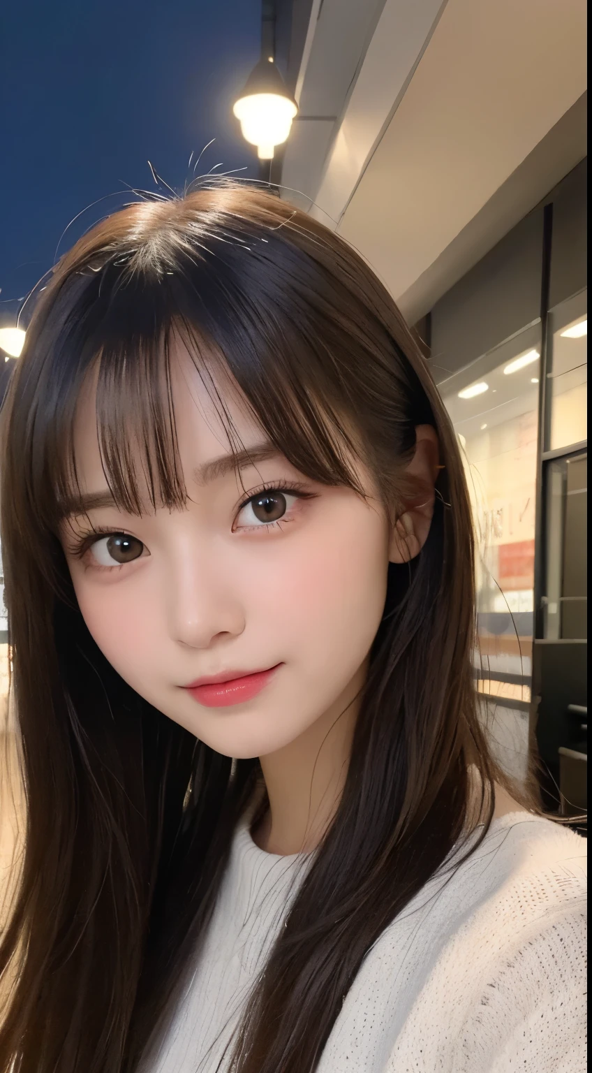 table top, highest quality, shape, Super detailed, finely, High resolution, 8k wallpaper, 完璧なダイナミックな構shape, beautiful and detailed eyes, Latest trend fashion Tokyo winter wear,medium hair, small breasts, natural color lip,smile,20 year old girl、midnight、beautiful and detailed face、perfect and beautiful face、slim face and style,spread your arms wide,Big eyes,Take a photo from below the knees at a face angle、small face、beautiful detailed face、perfect and beautiful double eyelids