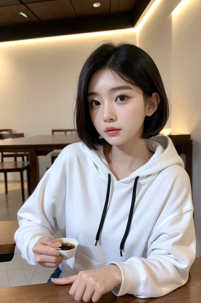 Woman sitting at table drinking coffee、ゴージャスな若いkorean woman、美しいkorean woman、美しい若いkorean woman、gorgeous chinese model、korean woman、beautiful asian girl、short hair、young adorable korean face、wearing a hoodie、8K selfie photo、korean woman、There is a young cute one Asian face