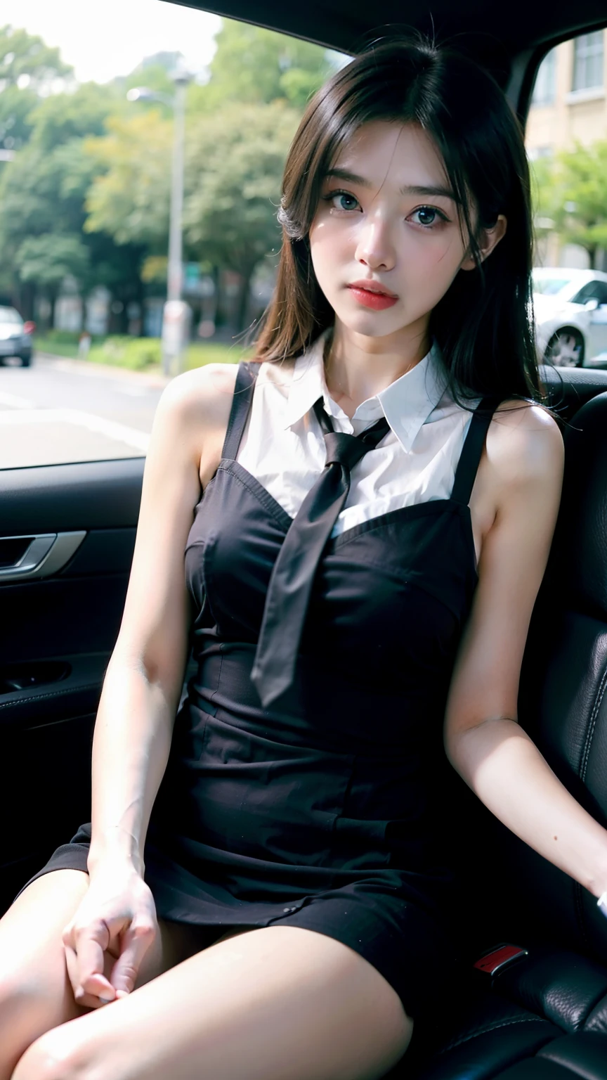 ((best quality)), ((masterpiece)), (detailed), perfect face, girl in a car with a black and white shirt and a tie and seen mini panties, seductive anime girl, pin on anime, beautiful anime high school girl, attractive anime girl, beautiful alluring anime teen, anime best girl, anime girl wearing a black dress, (anime girl), beautiful alluring anime woman, anime girl, sitting in her car, anime moe artstyle