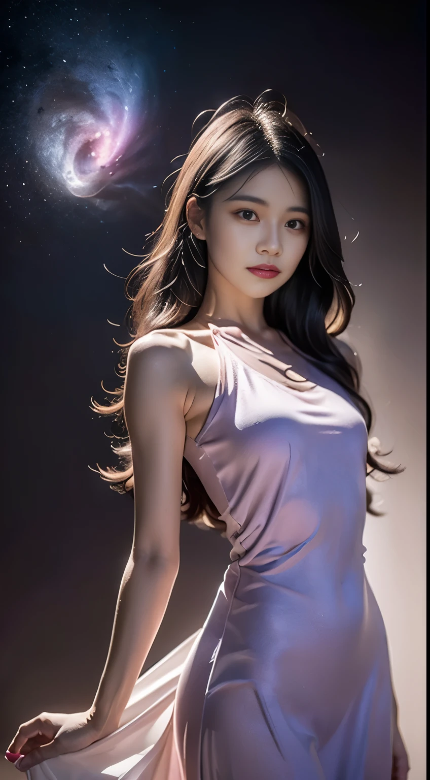 Background: Mysterious quantum environment, Cosmic elements and ethereal atmosphere,A mix of bright lights and colorful nebulae. Theme: A mysterious girl with a magical aura. She has long, Colorful wavy curls, The shiny hair stands out. His eyes are deep and expressive, Reflection Universe. She wore a flowing purple and white dress, With intricate details and mysterious textures. Color Palette: A combination of mysterious shades such as cosmic purple, Red, Soft pink and a touch of gold. Create contrasts, Increase depth, Dark color, Such as dark purple or night purple. Aesthetics: The aesthetic combines elements of Mistycore, Known for its mysterious and ethereal atmosphere, and crystal cores, With its crystal clarity and sparkling details. The girl exudes magical energy,Her presence hangs over her,mesmerising. Covered with: Keep subtle glowing effects and glitter overlays around the girl, Covered with: Add a soft glow effect around the girl and crystal, It seems to exude magic. Also, Add small details of flash,Enhance the ethereal atmosphere.