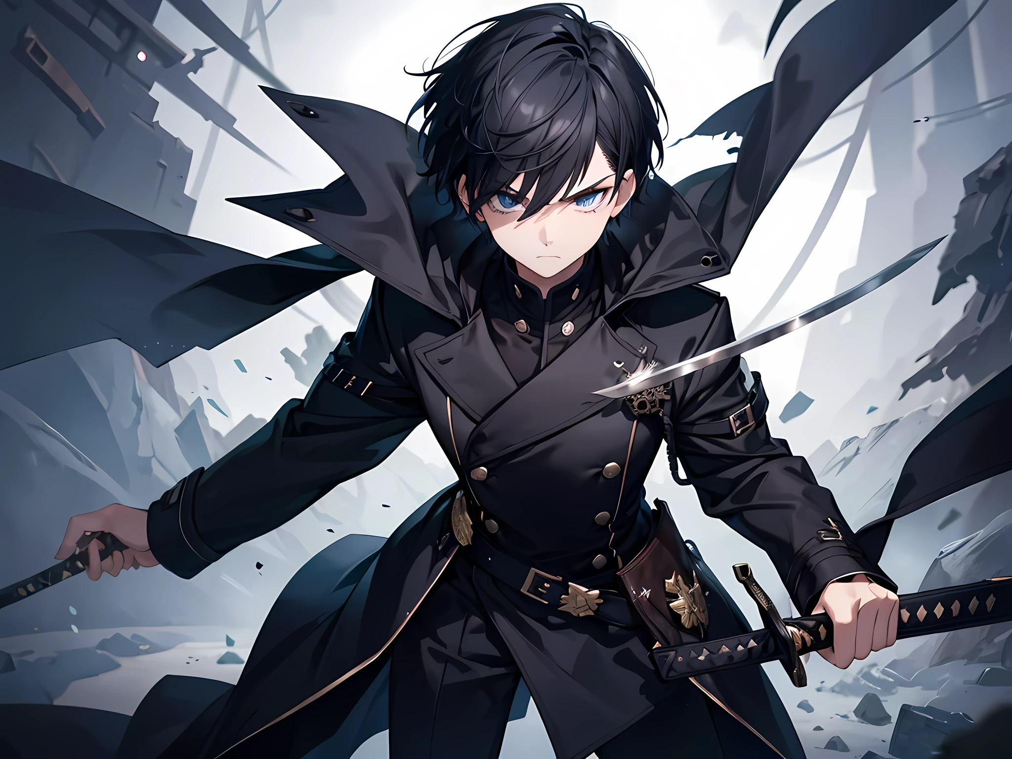 1 man, wearing black coat, holding a sword, navy hair, short hair, black eye color, face to detail, detailed eyes, arrogant expression, full-body illustration
