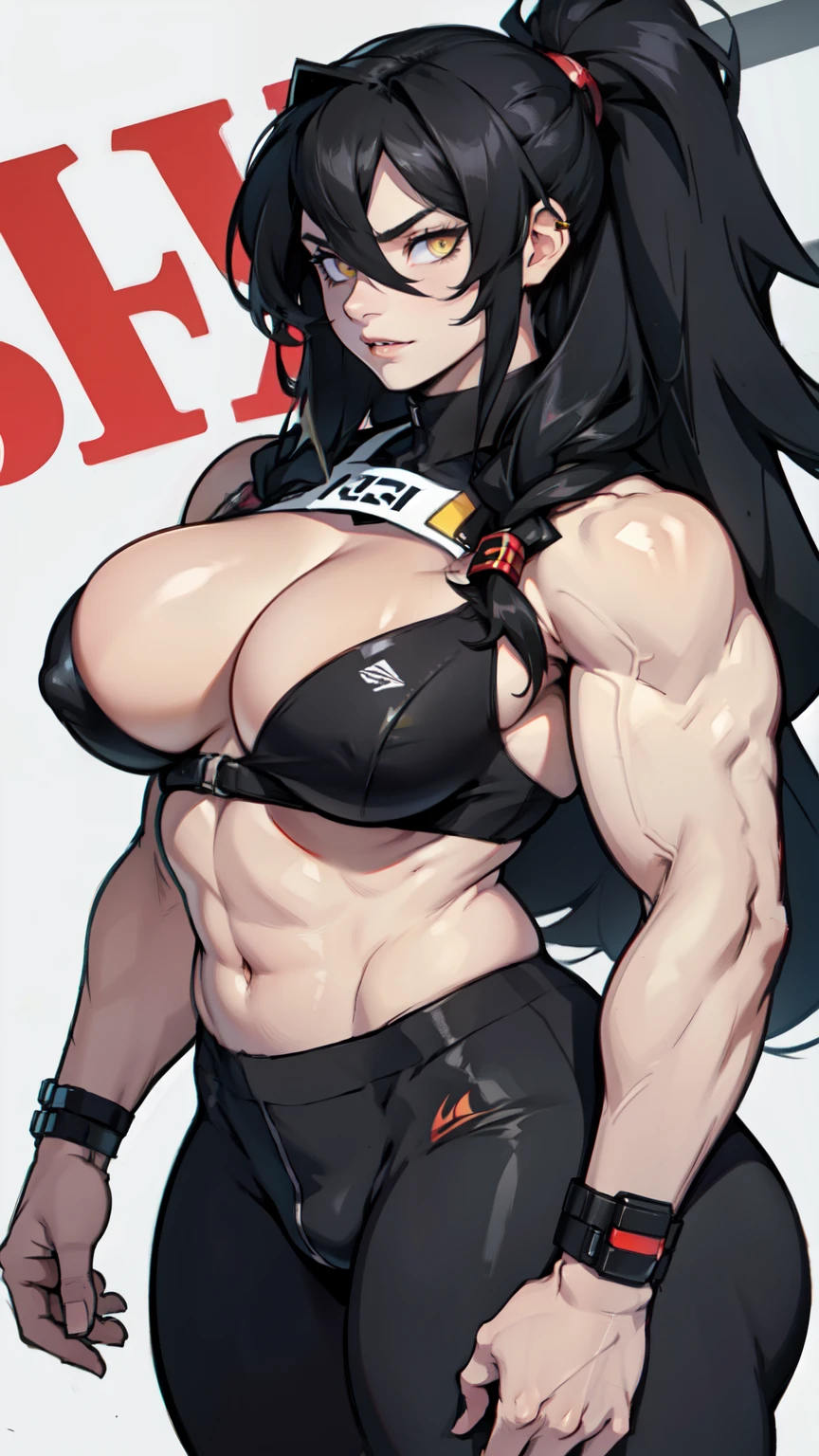 black hair yellow eyes pale skin long hair hair between eyes voluminous hair muscular girl thick thick thick breasts