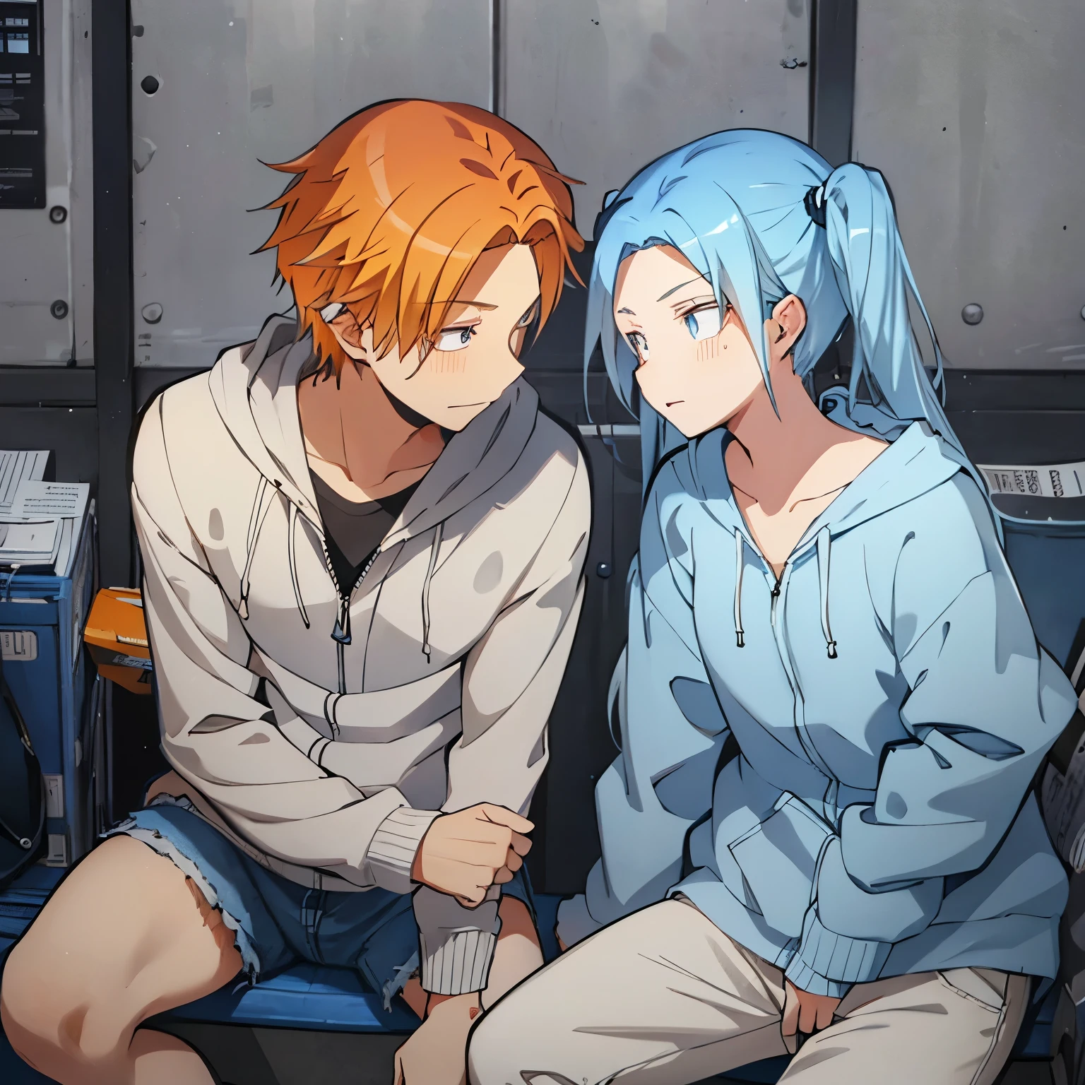 The girl has light blue hair in twin tails, light blue eyes, a white T-shirt, a gray ZIP hoodie, jeans, and white sneakers.。The boy is Maebara_Hiroto has brown eyes, orange hair, and wears casual clothes.。two people are a couple。