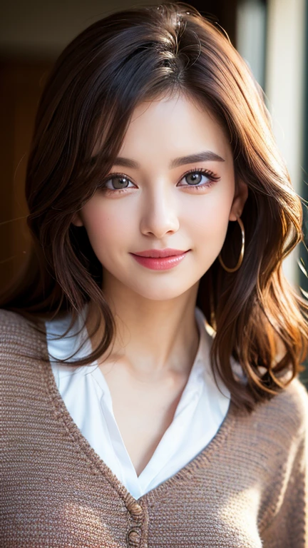 ((Best quality, 8k, Masterpiece :1.3)), pretty woman, 1girl, dark brown hair, ultra-detailed face, highly detailed lips, detailed eyes, double eyelid, smile, boy-shirt