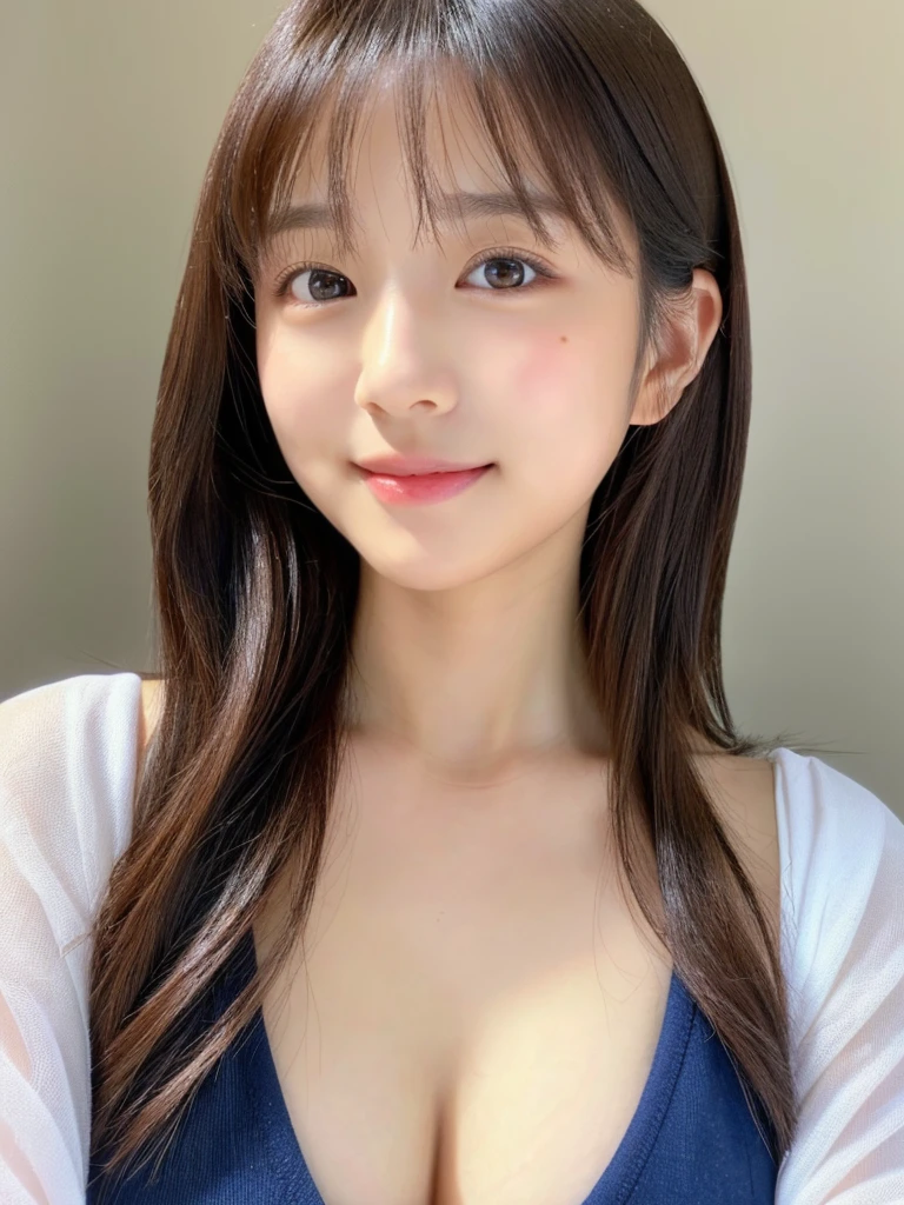 ((cute日本の女の子、beautiful japanese girl、1 girl、clear、19 years old、ponytail、Highly detailed face and skin texture、refinement、super detailed face、highly detailed eyes、Lee Hong、blush、cheek、ピンクのcheekを塗ったcheek、close-up of woman、 from the neck up、 Close to the camera、 positive face、Forward-facing body、look at the camera、front、cute、smooth white skin、Transparent skin texture、))、(dark brown hair、bangs)、beautiful woman with perfect style:1.4、japanese model、young gravure idol、若いcuteグラビアアイドル、Realistic young gravure idol、refinementされたグラビアアイドル、((highest quality、8K、masterpiece:1.3、1photograph))、(4K、RAWphotograph、highest quality)、(realistic、フォトrealistic:1.37)、Place someone on the other side of the screen、Natural light、professional lighting、F cup、big breasts、big breasts、Beautiful and well-shaped breasts、