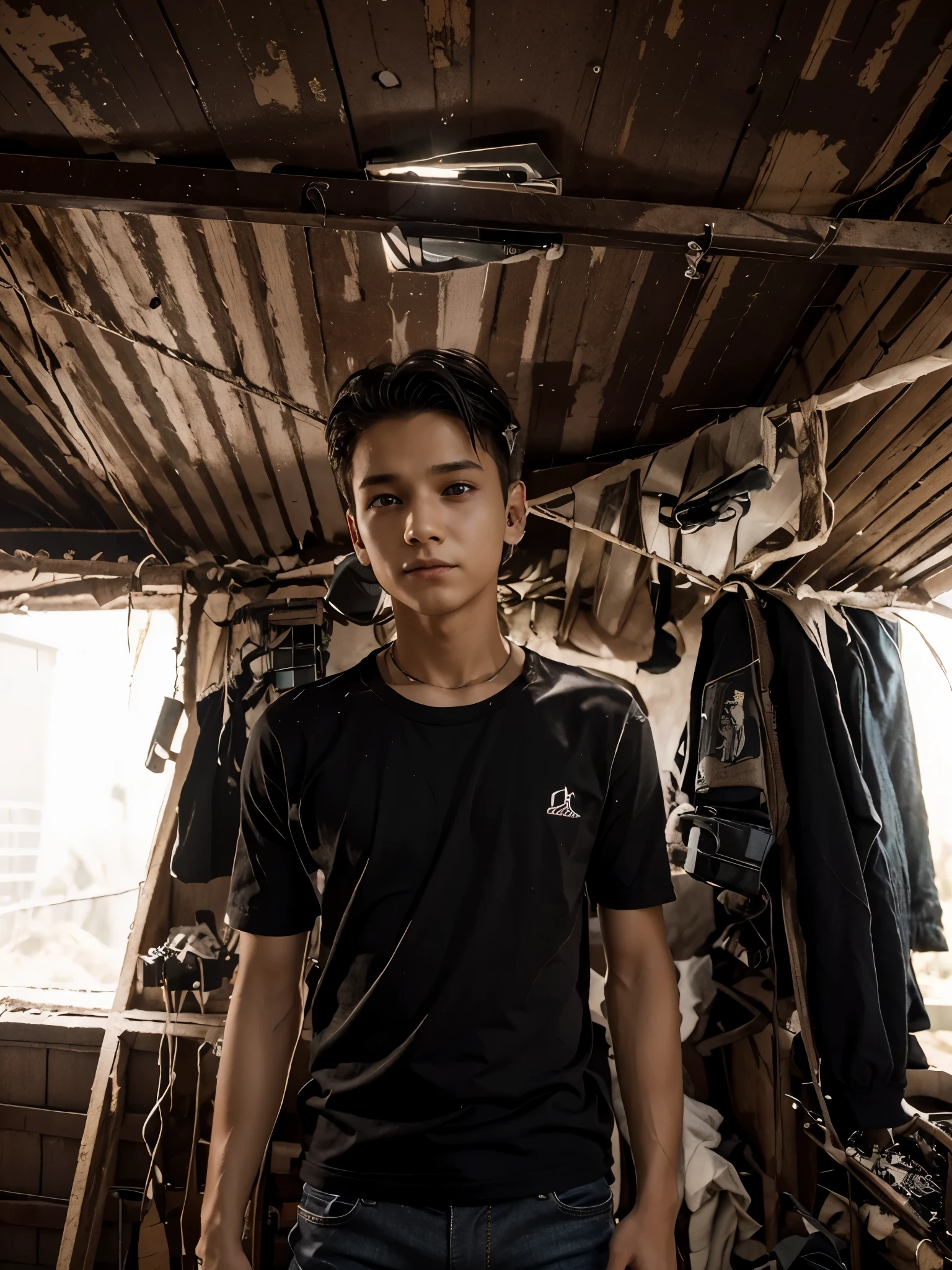 Create a 3D illustration whare a hadasome skinny boy with a holding gun in there hands,8k, realistic cyberpunk,a boy with a black shirt,and black pant,