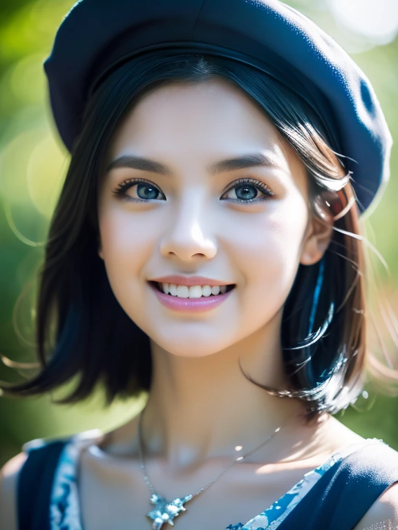 Masterpiece, best quality, high quality, very detailed CG uniform 8k wallpaper, 1girl, solo, blue hair, tattoo, short hair, hat, jewelry, smile, necklace, looking at the audience, hat, realistic, open mouth, teeth, upper body, vest, nose, bare shoulders, artist name, black tiara, collarbone, arm tattoo, blue eyes, lips, blur, oil painting, award winning photography, bokeh, depth of field, HDR, bloom, chromatic aberration, realism, very detailed, artstation Intricate, High Detail, dramatic, art by midjourney