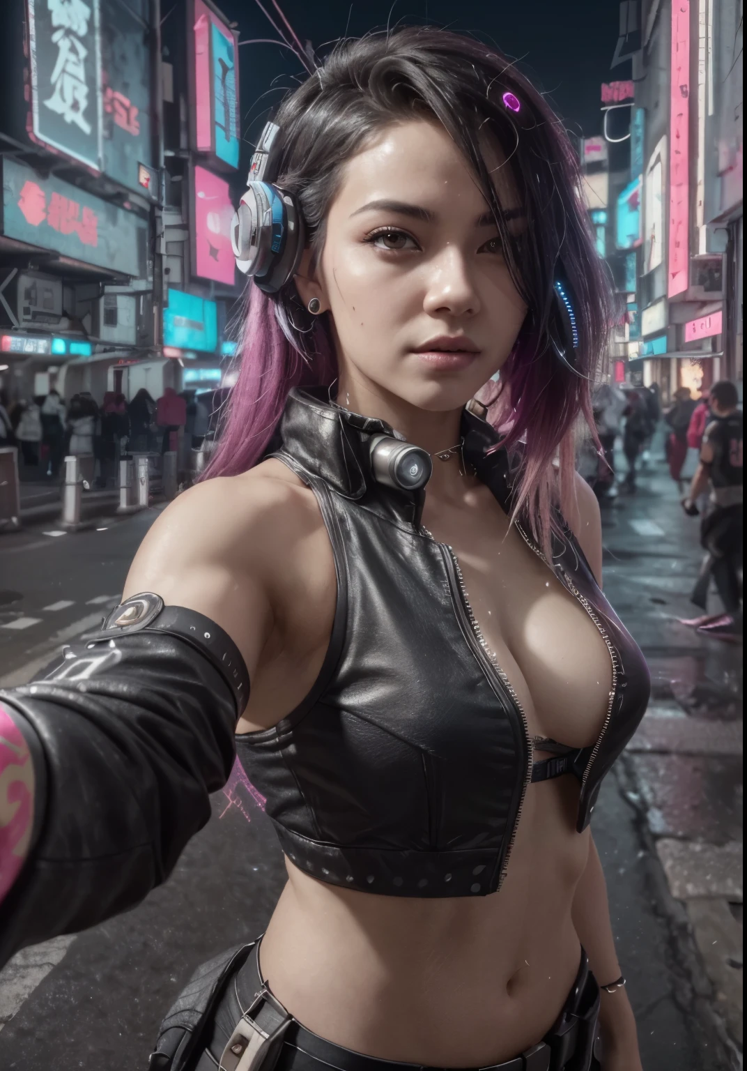 analog style, model shoot tyle, (Selfie:1.8), 1girl, (Cyberpunk:1.8, Cyberpunk city background:1.8), ((The cute face: 1.8, Perfect face:1.3)), (long multicolored hair:1.4, pale skin:1.5), (From above:1.4, from behind), Best Quality, (Colors, hyperdetails:1.5), Octane Render, ultra realistic lifelike textures, masutepiece, the Extremely Detailed CG Unity 8K Wallpapers, Madly detailed, Ultra-realistic light