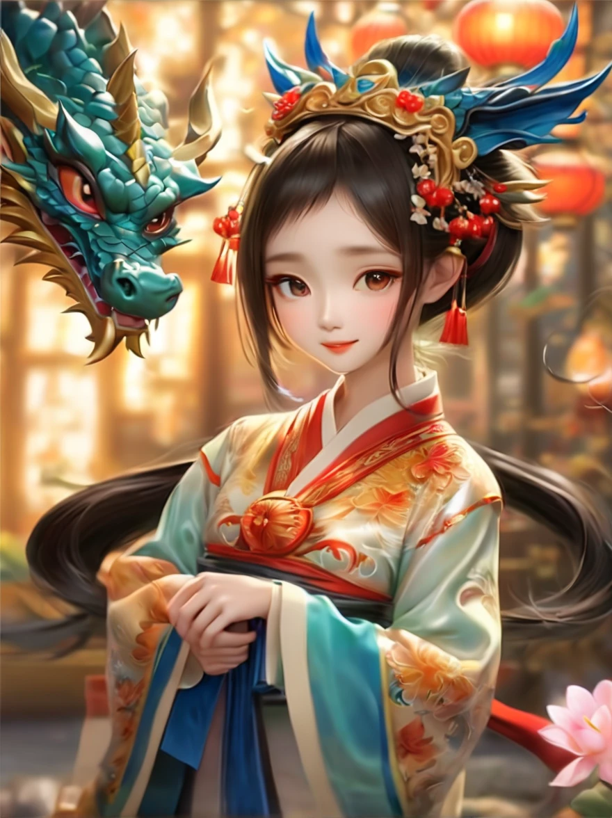 (best quality,8k,high resolution,masterpiece:1.2),Super fine,UHD,Studio lighting,Super fine油画,sharp focus,Physically based rendering,Extremely detailed description,major,bright colors,Bokeh,Delicate eyes,beautiful long eyelashes,beautiful detailed lips,一个joy喜庆的场景,(其中一个可like活泼的 5 岁ChinaPrincess),长长的黑发穿着华丽的ChinaTradition服饰,((拥抱着一只蓬松质地的mythChina小飞龙和鳞片))。Both slept peacefully。背景以festival装饰为衬托,例如lantern、彩色Width和象征celebrate和幸福的ChinaTradition图案。这个场景捕捉到一种joy和喜庆的感觉,让Princess和龙之间的情感更加可like和神奇。culture,China主题,China图案,China风格,girl,Princess,(baby dragon),myth生物,legendary,可like,,lantern,Width,decoration,myth,fairy tale,East,Energetic,hapiness,festival,celebrate,holiday,Tradition,childhood,naïve,like,link,China,empire,palace,peaceful,tranquillity,magic,Miracle,joy,,soft light,warm tones,rich colors