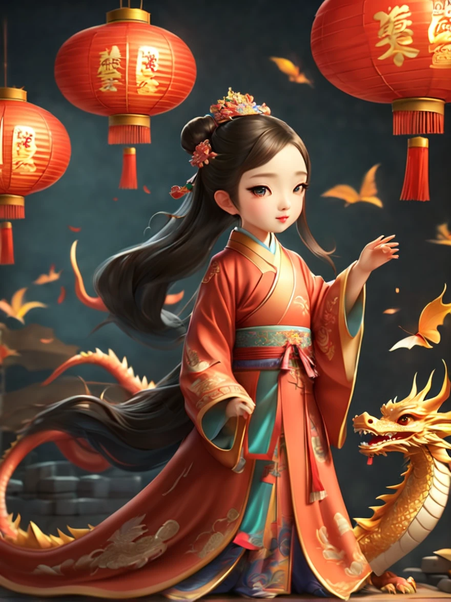 (best quality,8k,high resolution,masterpiece:1.2),Super fine,UHD,Studio lighting,Super fine油画,sharp focus,Physically based rendering,Extremely detailed description,major,bright colors,Bokeh,Delicate eyes,beautiful long eyelashes,beautiful detailed lips,一个joy喜庆的场景,(其中一个可like活泼的 5 岁ChinaPrincess),长长的黑发穿着华丽的ChinaTradition服饰,((拥抱着一只蓬松质地的mythChina小飞龙和鳞片))。Both slept peacefully。背景以festival装饰为衬托,例如lantern、彩色Width和象征celebrate和幸福的ChinaTradition图案。这个场景捕捉到一种joy和喜庆的感觉,让Princess和龙之间的情感更加可like和神奇。culture,China主题,China图案,China风格,girl,Princess,(baby dragon),myth生物,legendary,可like,,lantern,Width,decoration,myth,fairy tale,East,Energetic,hapiness,festival,celebrate,holiday,Tradition,childhood,naïve,like,link,China,empire,palace,peaceful,tranquillity,magic,Miracle,joy,,soft light,warm tones,rich colors