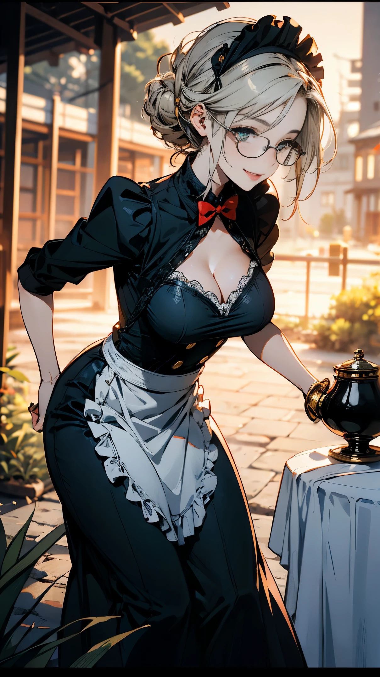 (best quality, masterpiece), (ultra high resolution, 8K RAW photo, photo realistics:1.5, cinematic lighting, textile shading, thin outline, clear focus:1.2), Beautuful Matured woman preparing tea_party in the garden, standing by the round table, (pouring tea into a cup from a tea-pot:1.2), leaning forward, (meisen's tea set, tea pot, tea cups, some cakes on dish), delicate and classy British style white table with gold accents and royal_blue, (wearing dark-green maid uniform:1.5, breast cleavage, green maid costume:1.2, long flare skirts, apron, bow ties on the chest), long tall sally, long legs, white hair, (wearing thin-flame glasses:1.2), (milf:1.5, 28 years old, solo), (large breast, sagging breast, big tits, narrow waist), full bodyesbian, (medium short white hair, hair over one eye, (updo hair:1.2), side lock, asymmetric hair, wavy hair), (fine bright pupils, high detailed eyes with highlight:1.3, high detailed face, Perfect face shape, eye rush), (happy smiling, half-closing eyes:1.2), (looking at viewers:1.3), (dutch angle, full body:0.3, from below:1.2), ((correct anatomy:1.5, correct hands)), (ideal ratio of body proportions), (outdoor:1.2, grass field),