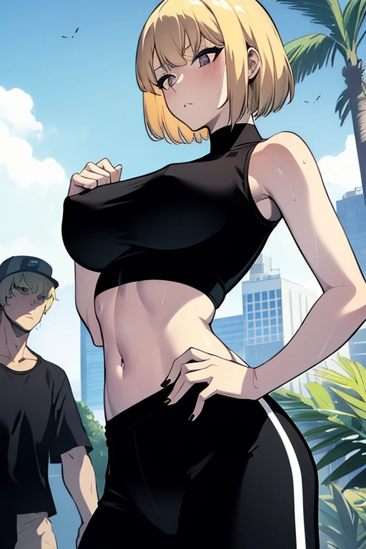 ((masterpiece:1.2, best quality)), 1girl, short hair, blonde hair, upper body, looking at viewer, pants, plants, daytime, korean streetwear, running, exhausted, exhausted expression, sweaty, outside, by the river, casual style, cyberpunk style, (black crop top:1.3), black yoga pants, casual wear, white sneaker, people in background, highly-detailed, perfect face, dynamic pose, breast, nipples