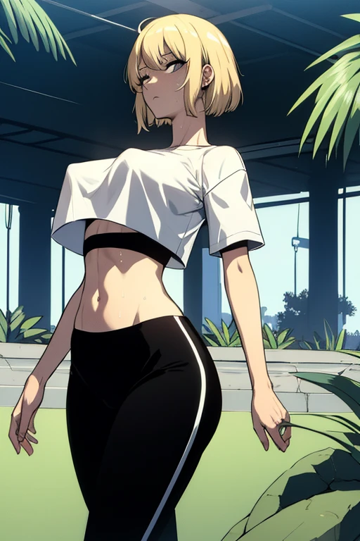 ((masterpiece:1.2, best quality)), 1girl, short hair, blonde hair, upper body, looking at viewer, pants, plants, daytime, korean streetwear, running, exhausted, exhausted expression, sweaty, outside, by the river, casual style, cyberpunk style, (black crop top:1.3), black yoga pants, casual wear, white sneaker, people in background, highly-detailed, perfect face, dynamic pose, breast, nipples