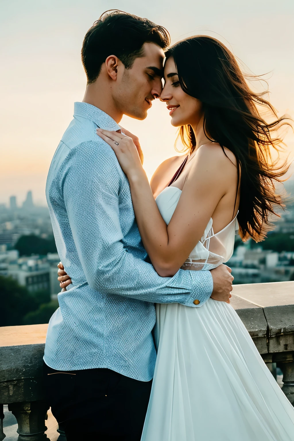 Create an enthralling collection of couples' portraits in renowned locations worldwide, utilizing artificial intelligence to encapsulate the distinctive bond between each pair, enhancing the connection in iconic settings. Delve into an array of feelings, from gentle affection to ecstatic elation, to narrate the love stories of each couple through visually captivating imagery. Let the iconic landscapes serve as a breathtaking backdrop, accentuating the enchantment and diversity of human relationships in some of the most iconic destinations on Earth.

1. captivating, passionate couple, Paris, Eiffel Tower, sunset, romantic, deep connection, intelligent algorithm, artificial intelligence photography, emotion-