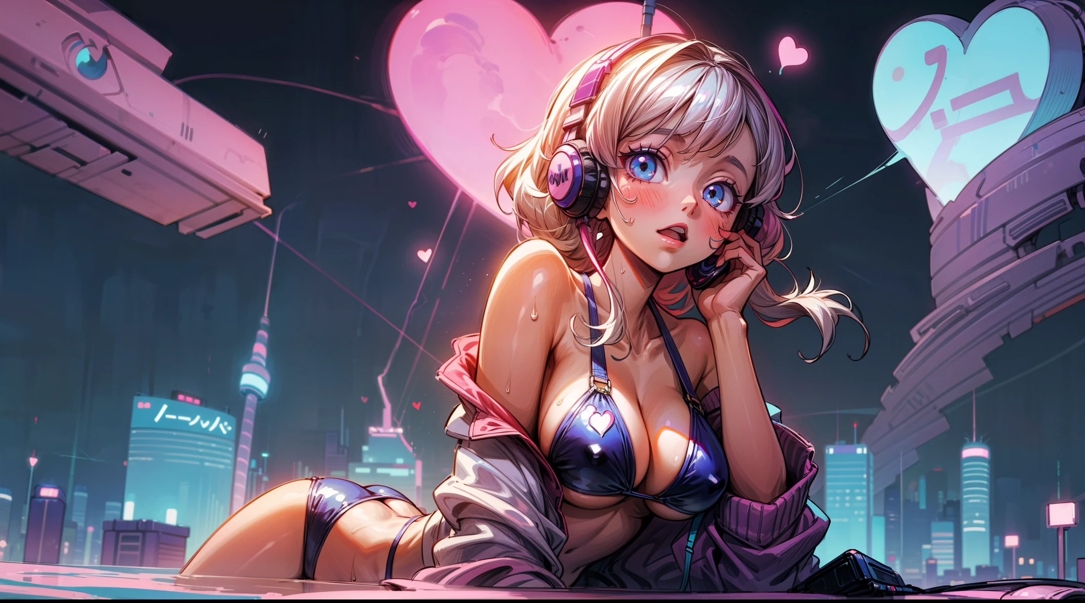 sexy anime 1girl ,headphone, glowing skin , beautiful background , beautiful sky, aesthetic ,vanilla ,night ,cleavage, tokyo city , big boobs , synthwave , swimsuit ,  heart-shaped eyes