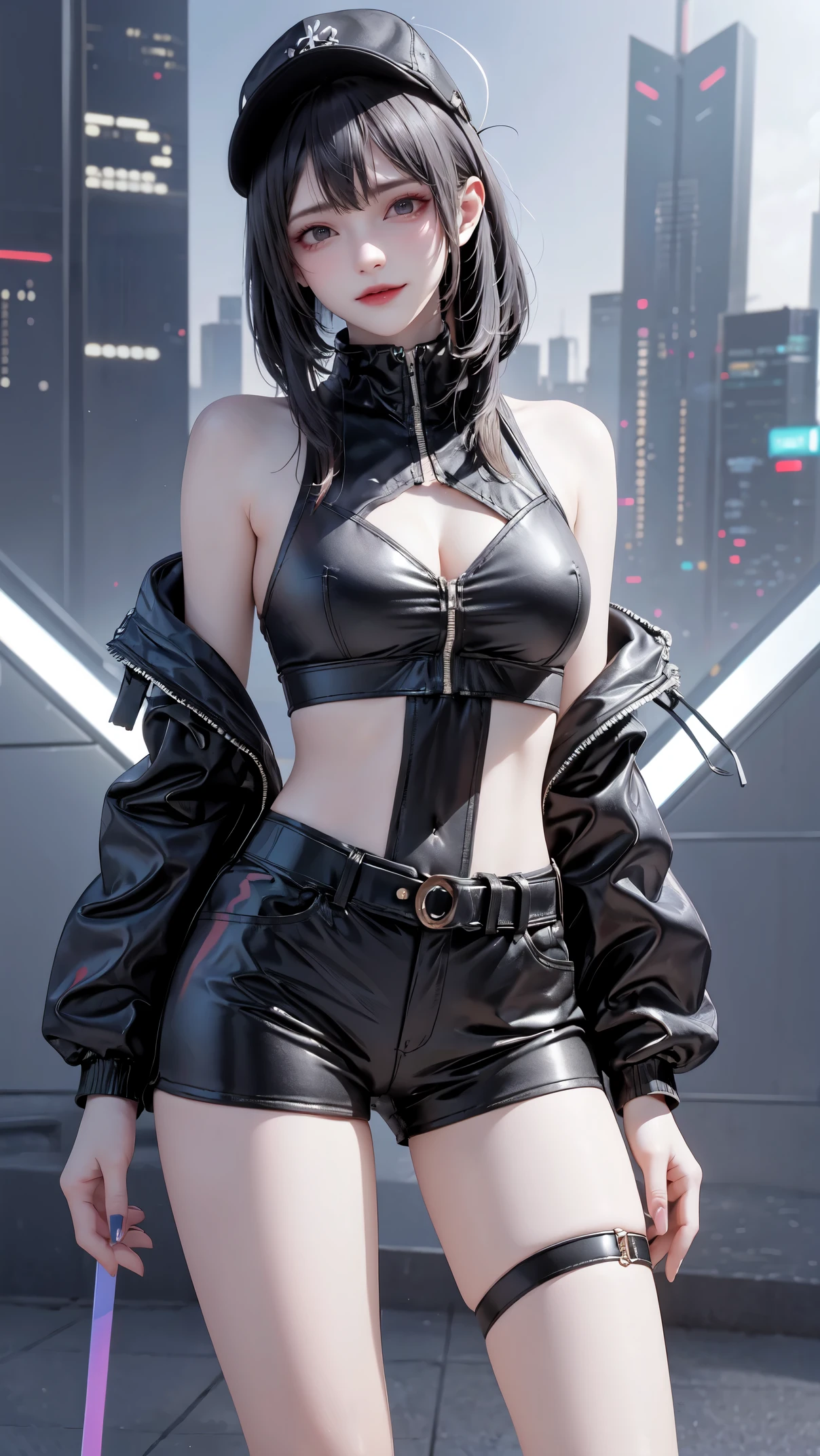 Beautiful woman medium hair, Wear a hat, Cyberpunk style shorts