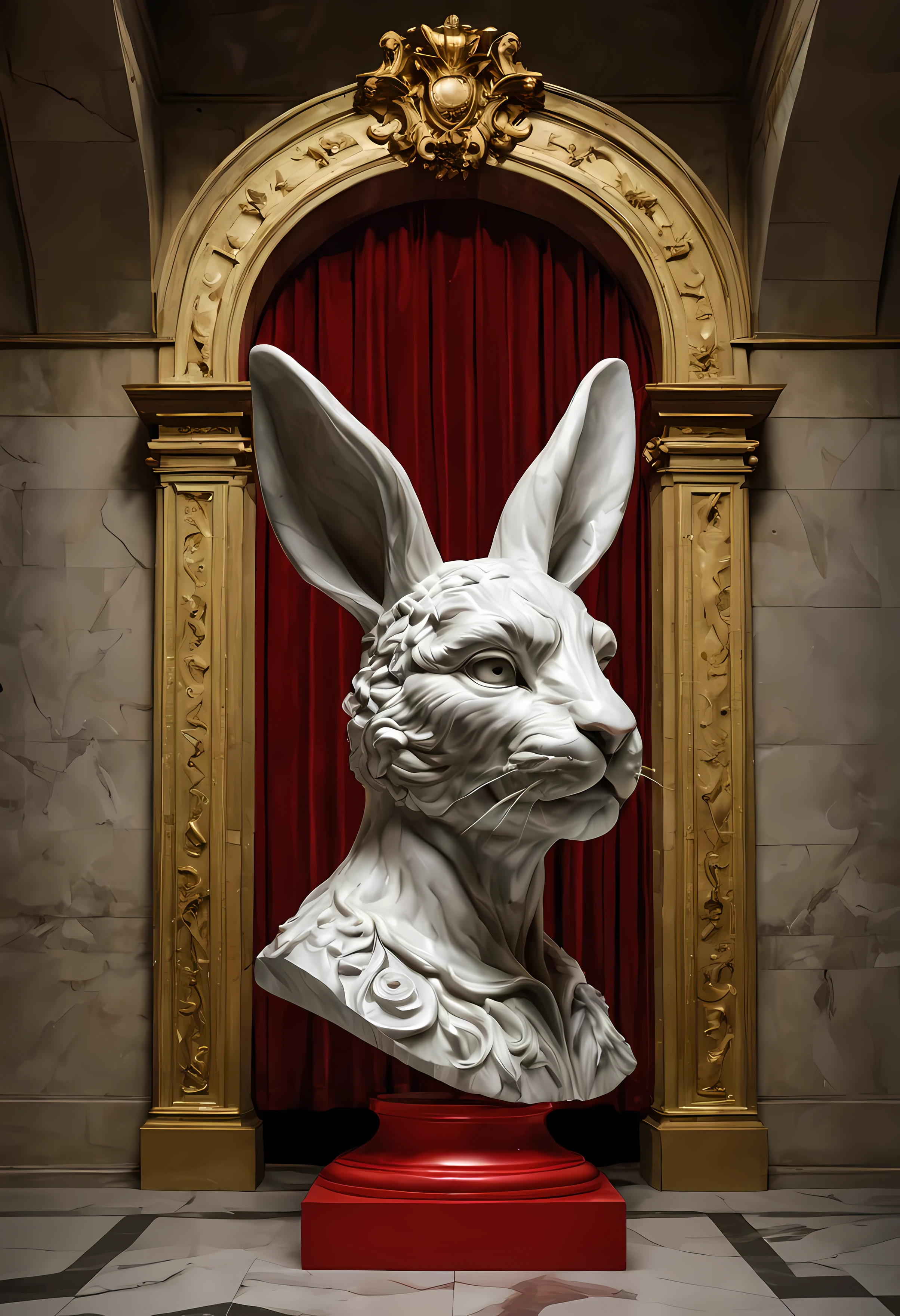 a (movie poster with title and text graphics:1.3) (under the title banner text logo "R\A\B\B\I\T":1.5), A red piece of art that looks like a baroque male anthropomophic-rabbit-head, a marble sculpture by alberto seveso, inside a museum, dramatic lighting trending on cgsociety, art nouveau, rococo, biomorphic, marble sculpture, high saturation