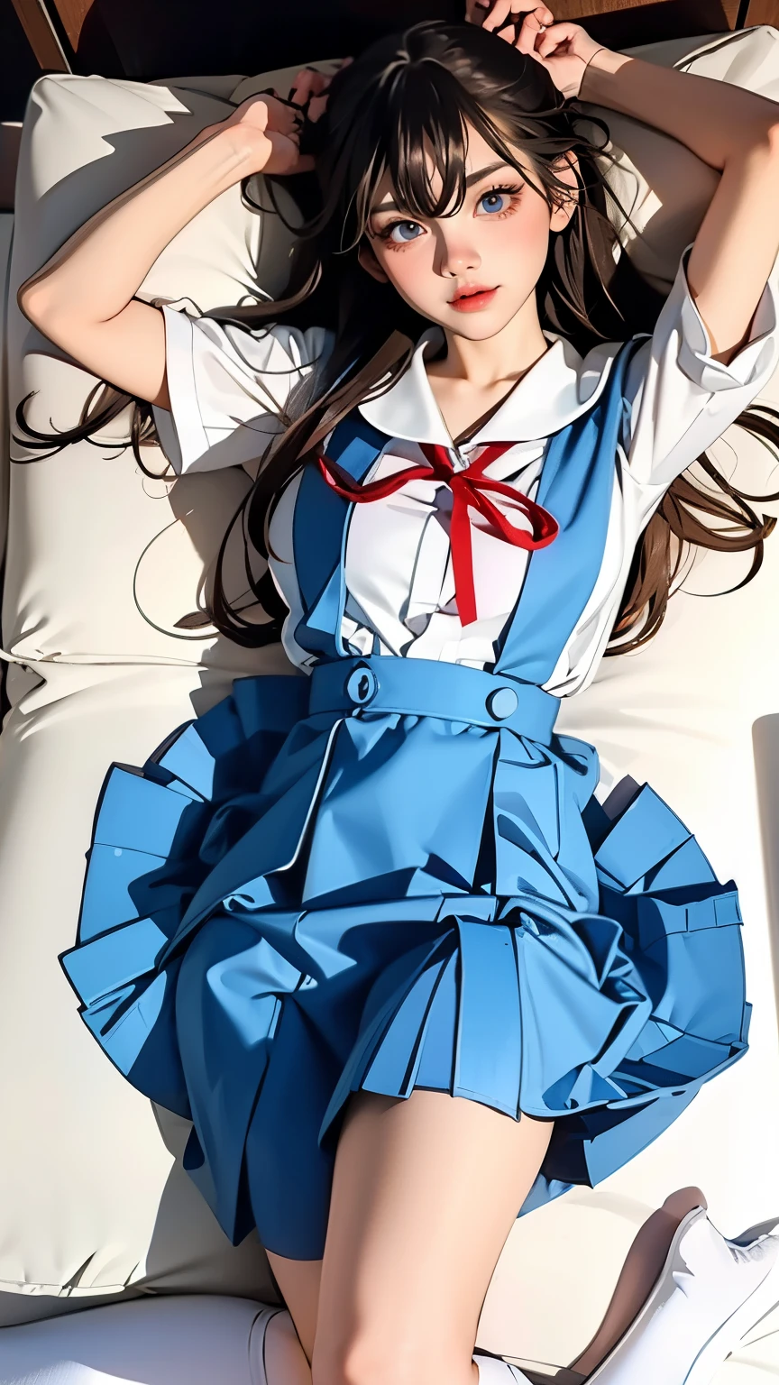 ((Best Quality, 8k, Masterpiece:1.3, Photorealistic:1.3)), {{lying on a bed, from above, dakimakura}}, Japan schoolgirl, single female,  very light brown hair, with bangs, (Japan schoolgirl uniform, socks, thick thighs,kotton side storing songs), very detailed face and skin texture, detailed eyes, detailed lips, very detailed hair depiction, PureErosFace,  embarrassed look, natural makeup:1.0,skirtlift,pantyhose,