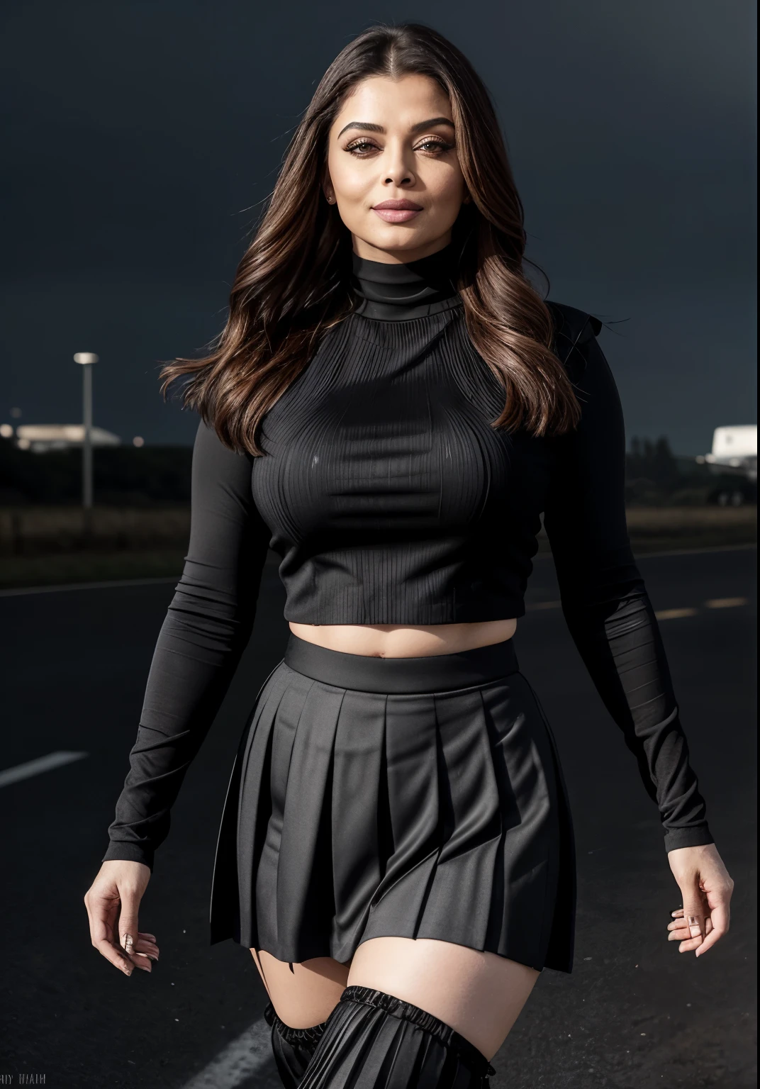 SEXY 50yo MATURE MILF Aishwarya Rai Bachchan, ((black micro mini knife pleated skirt and crop top)), ((thigh high boots)), bob cut hair, erotica, bright sunny day scene, curvy milf body, posing in airstrip, hourglass milf figure, big breasts, seductive expression on her face, look at a camera and teasing smile, 49 yo, soft volumetric lights, intricate details, (ArtStation:1.2)