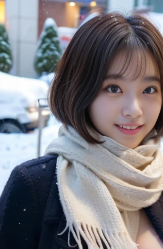 1 girl、Photoreal、amazingly beautiful、(highest quality、8K、32K、masterpiece、nffsw:1.3)、(realistic、super detailed、Best detailed body capture、eye for detail, beautiful eyes、Street view、(perfect anatomy:1.3)、(no mask:1.photograph、table top)、((No makeup))、cute japanese woman、、high school girl、young girl、have bangs、double eyelid、drooling eyes、big black eyes、attractive、purity、cute smile、natural smile、watch here、realistic肌タイプ、thick muffler、knit sweater、The front of the coat is open、((scarf hair))、the wind is blowing、It's snowing、illumination、Light is shining from behind、medium bob cut、Do not show ears,My eyes are big,slightly sagging eyes,No makeup,((big breasts)),((Voluminous bust))、my hands are behind my waist、'invisible.