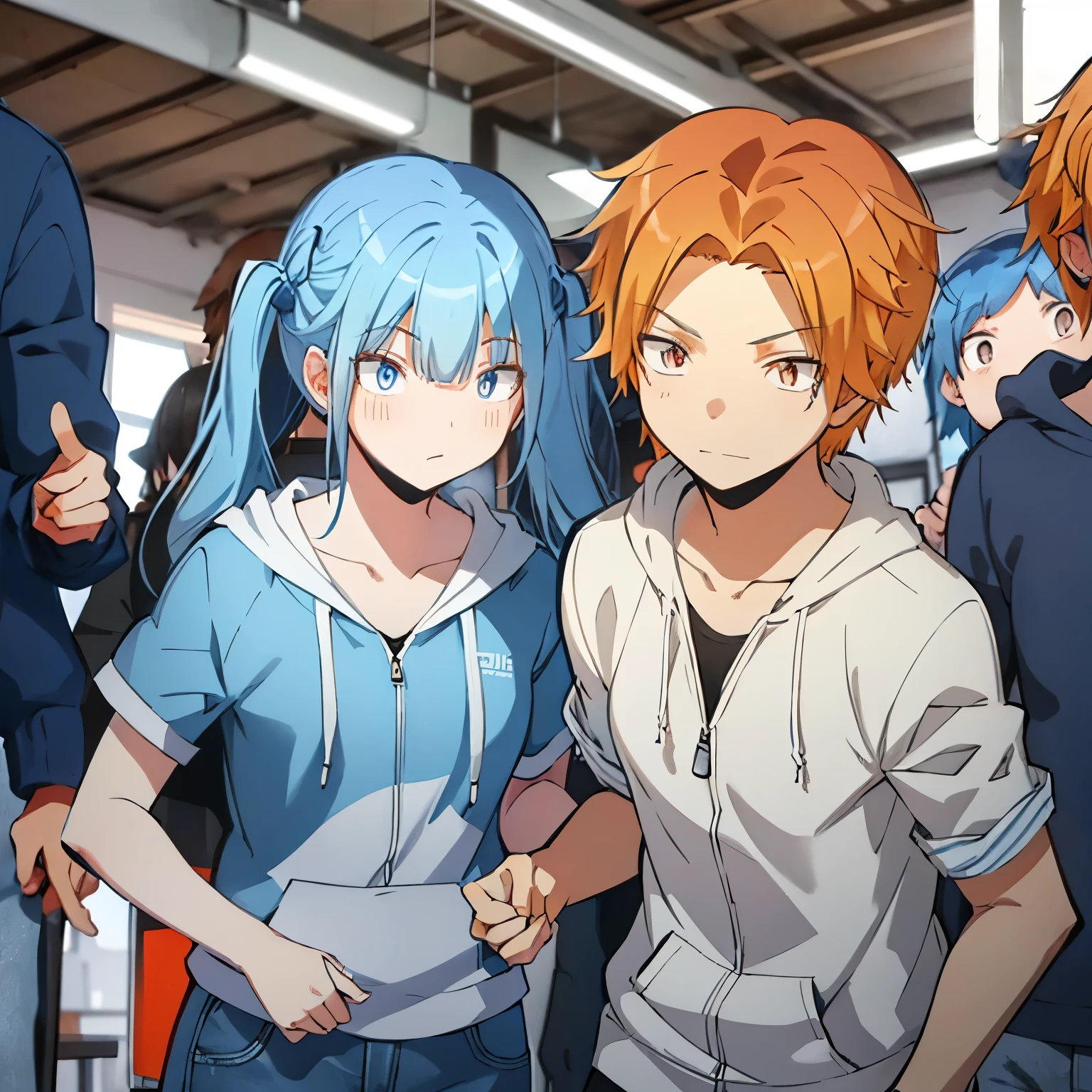 The girl has light blue hair in twin tails, light blue eyes, a white T-shirt, a gray ZIP hoodie, jeans, and white sneakers.。The boy is Maebara_Hiroto has brown eyes, orange hair, and wears casual clothes.。two people are a couple。