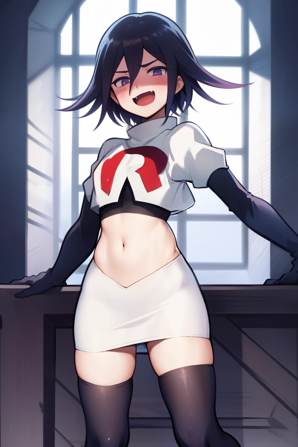 absurdres, cowboy shot, solo, male focus, trap, 1boy, crossdressing,1boy, oma kokichi, team rocket,team rocket uniform,white skirt,red letter R,crop top,black thigh-highs,black elbow gloves, evil laugh, blush