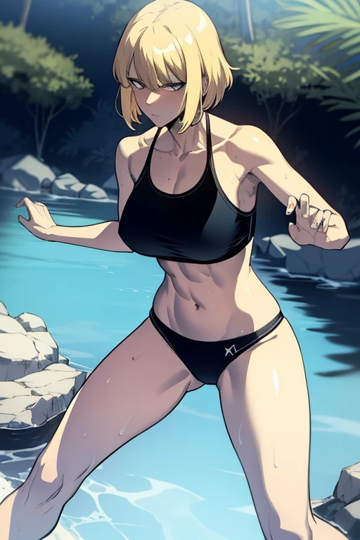 ((masterpiece:1.2, best quality)), 1girl, short hair, blonde hair, upper body, looking at viewer, plants, daytime, running, exhausted, exhausted expression, sweaty, outside, by the river, casual style, cyberpunk style, bikini, bare foot, people in background, highly-detailed, perfect face, dynamic pose, breast, nipples,Cha Hae-In,