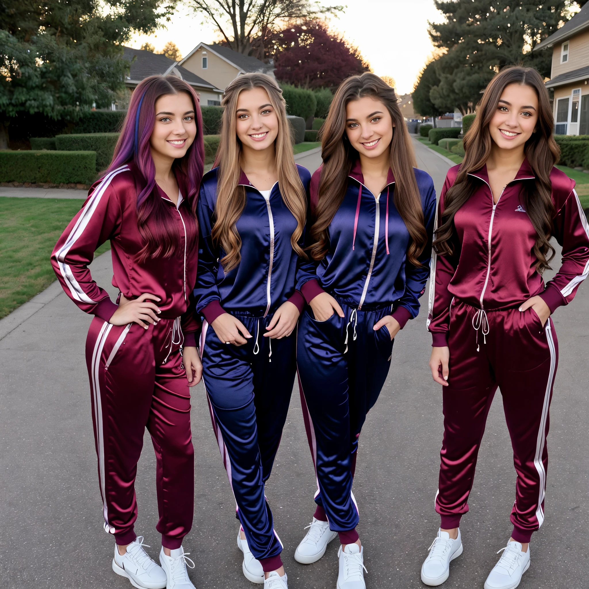 two beautiful young 21 year old women, hands on hips, beautiful eyes, pretty face, detailed eyes, perfect eyes, (long flowing hair, mix of hair styles), (mix of hair colors), (burgandy shiny satin tracksuits with stripes), smiling, looking into camera, low light, neighborhood yard in background