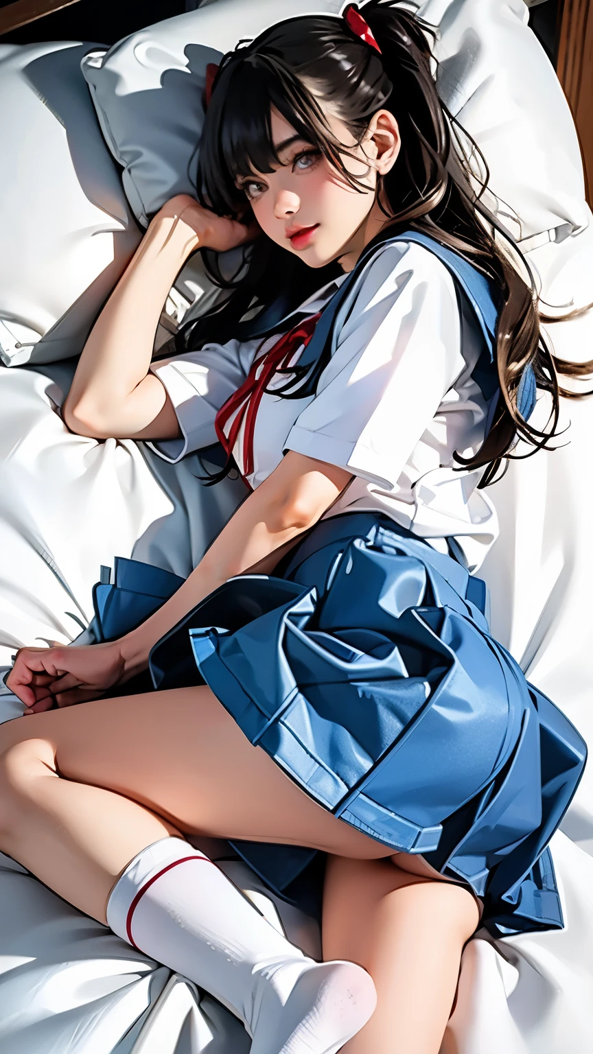 ((Best Quality, 8k, Masterpiece:1.3, Photorealistic:1.3)), {{lying on a bed, from above, dakimakura}}, Japan schoolgirl, single female, dark hair, with bangs, (Japan schoolgirl uniform, socks, thick thighs), very detailed face and skin texture, detailed eyes, detailed lips, very detailed hair depiction, PureErosFace, in heat, embarrassed look, natural makeup:1.0,skirtlift,