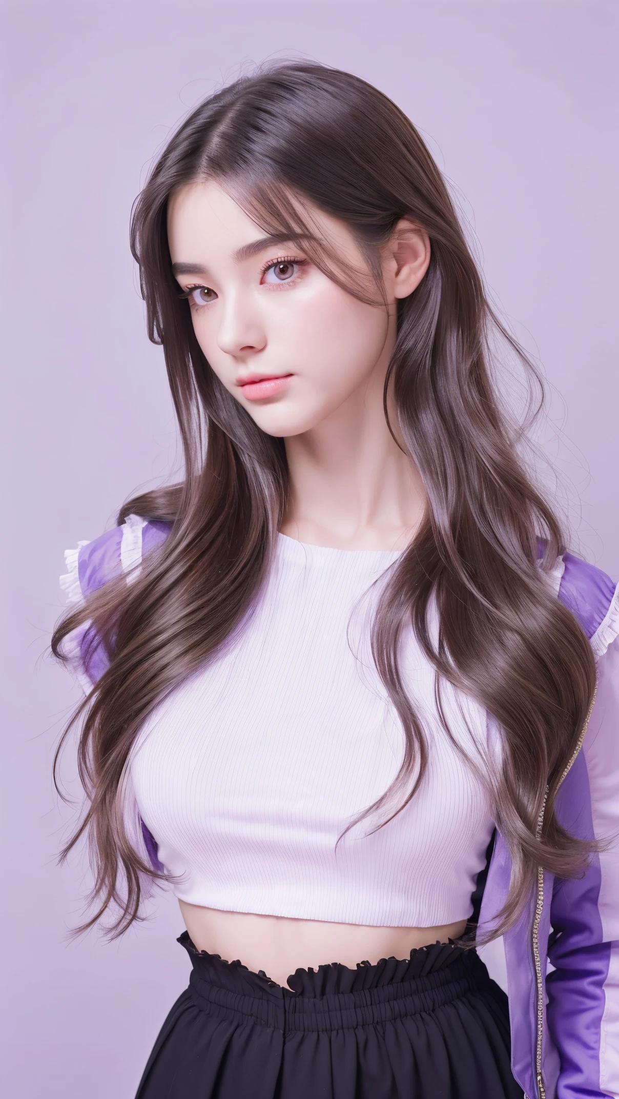 Dayu Seren, Purple dragon, There is an ancient palace next to the girl, An extremely delicate and beautiful girl, lifelike, incredibly absurd, Abstractionism, Shown from hips to shoulders, snatch, extremely detailed body, Miss, young,20 years old, very long hair, flowing hair, light purple hair, Purple iris, bicolor hair, beautiful fine hair, Exquisite and beautiful face, faint smile, clear eyes, broke up_lips, black eyes, neck strap, frilly_skirt, jacket, White clothes, floating palace, beautiful clear background, beautiful sky, bloom, Very precise and detailed, absurd, very CG,huge ，huge breasts，Show breasts，Show breasts