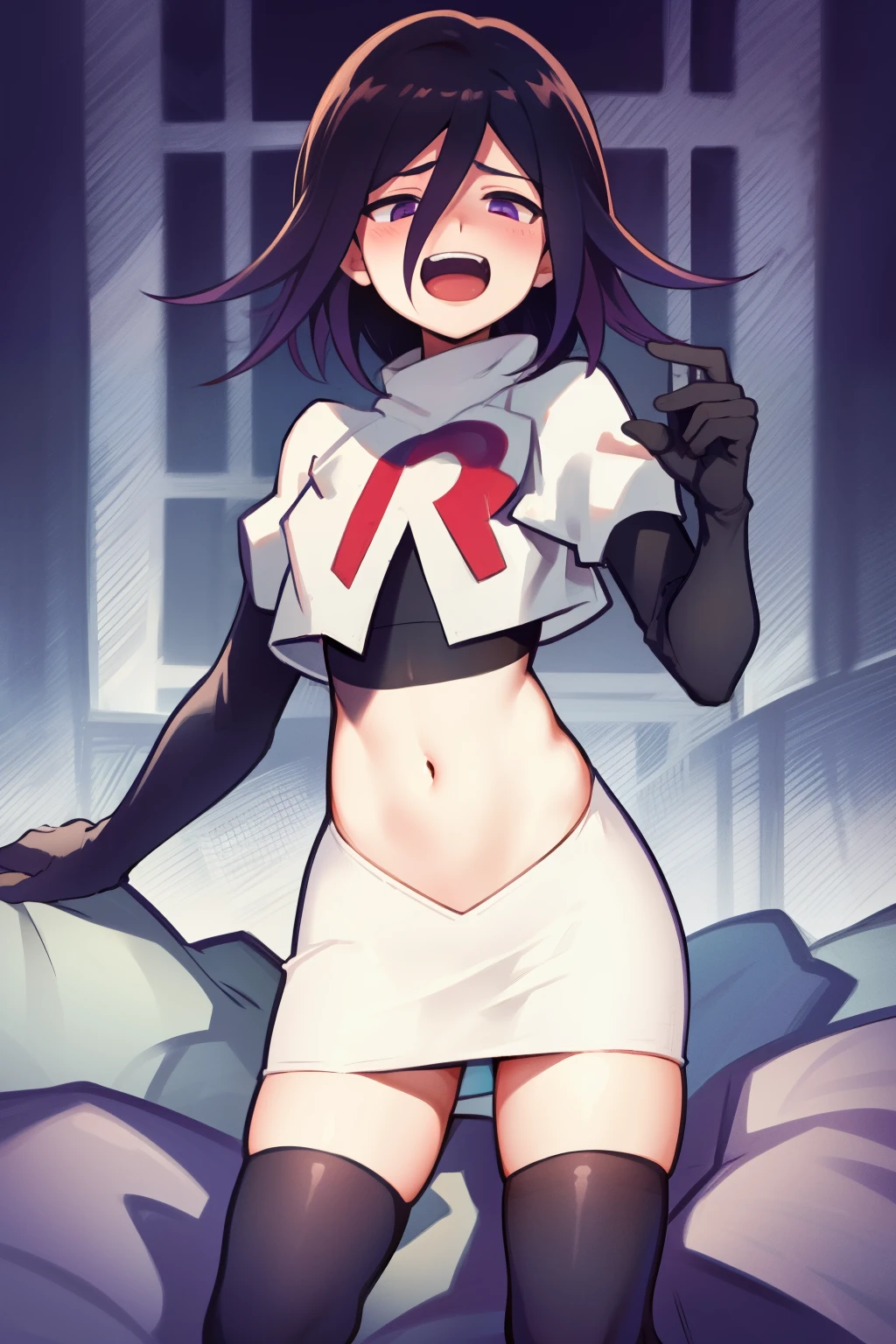 absurdres, cowboy shot, solo, male focus, trap, 1boy, crossdressing,1boy, oma kokichi, team rocket,team rocket uniform,white skirt,red letter R,crop top,black thigh-highs,black elbow gloves, evil laugh, blush