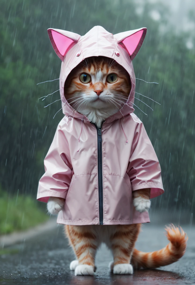 Pixar, rain, cat, hood, raincoat, whiskers, zipper, animal, solo, tail, animal focus, colored sclera, cat tail, hood up, cat hood, jacket, Transparent raincoat, intricate, Soft Color palette, (best quality, masterpiece, Representative work, official art, Professional, unity 8k wallpaper:1.3)